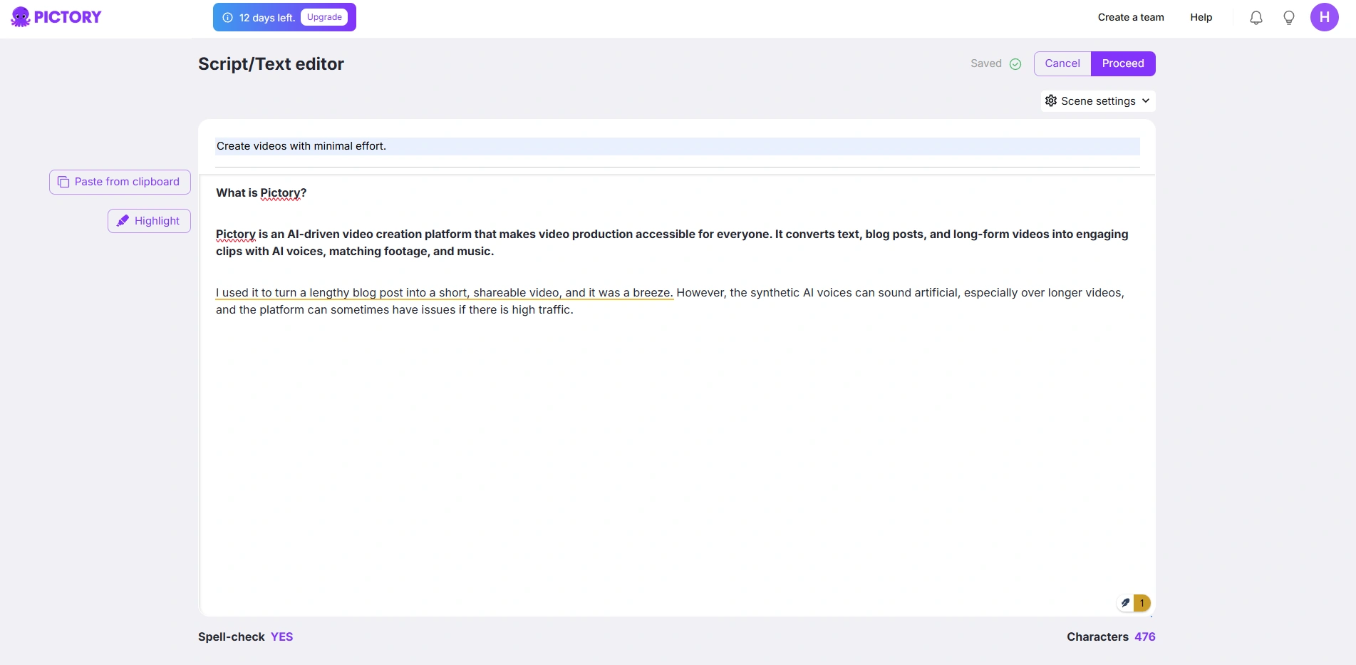Pictory的文本编辑器页面。