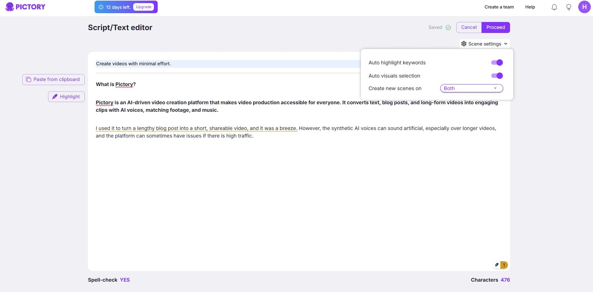 Pictory的文本编辑器界面。