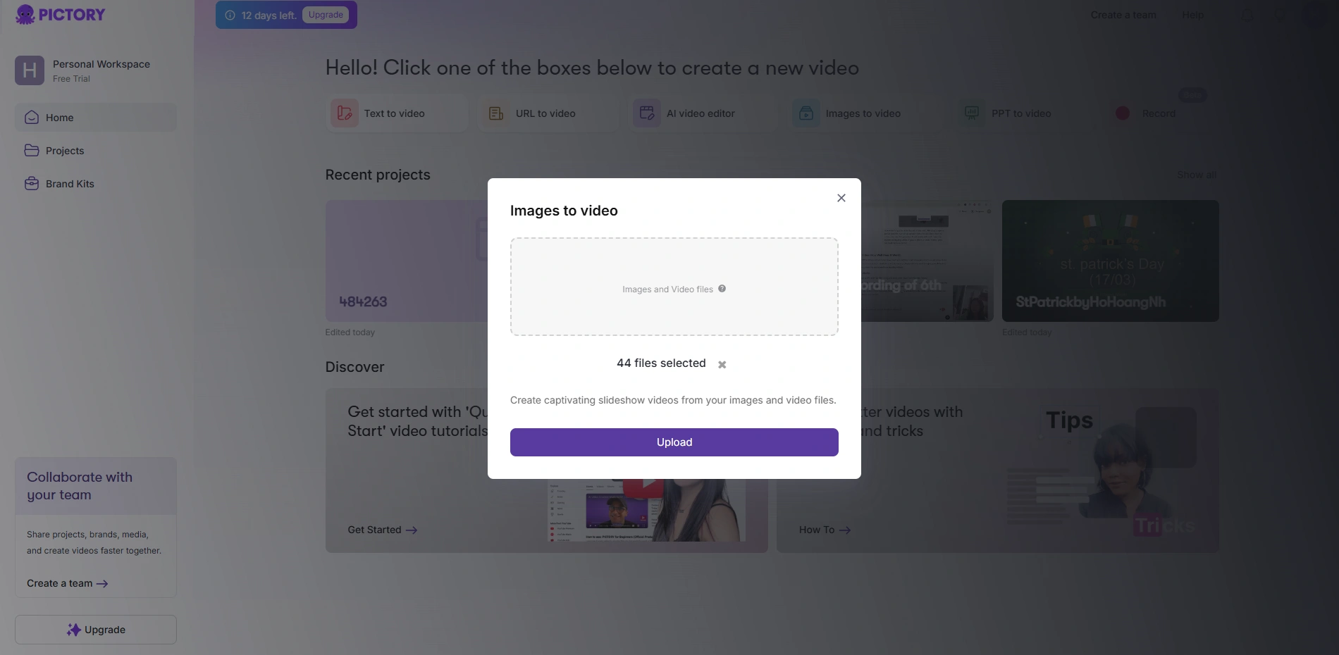 Pictory 的图片转幻灯片界面。