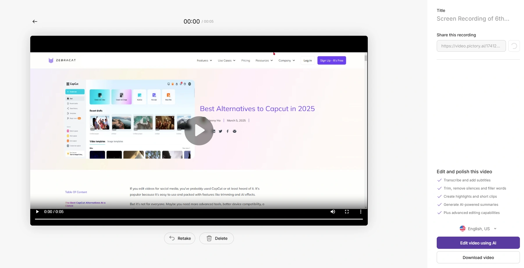 Pictory的视频编辑界面。
