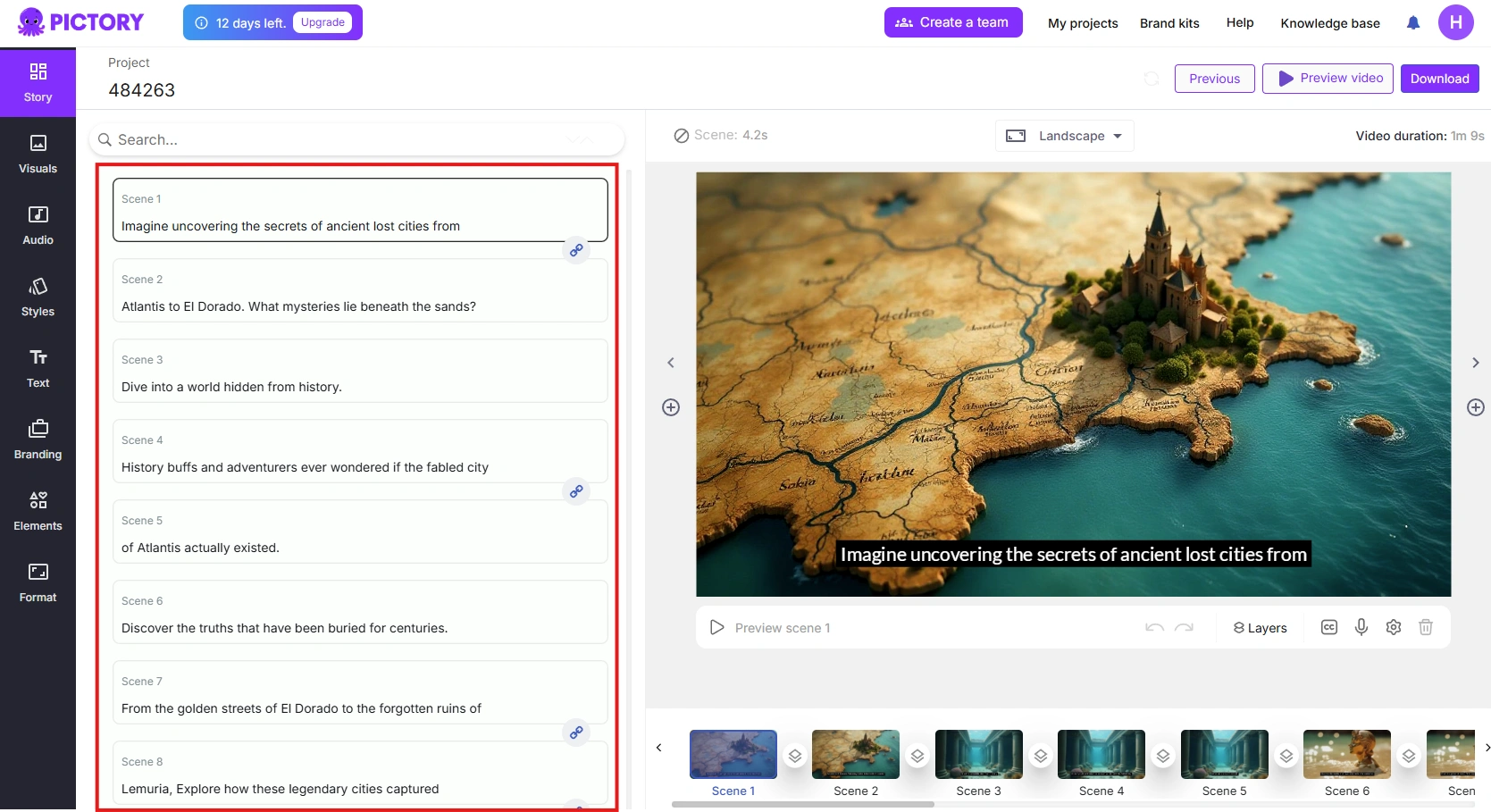 Pictory的场景选择界面。