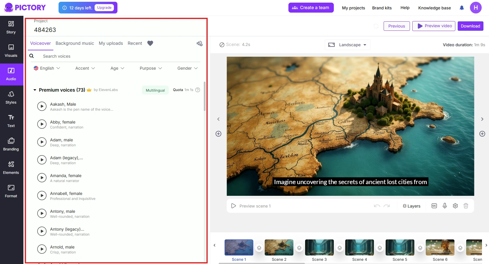 Pictory的音频效果界面。