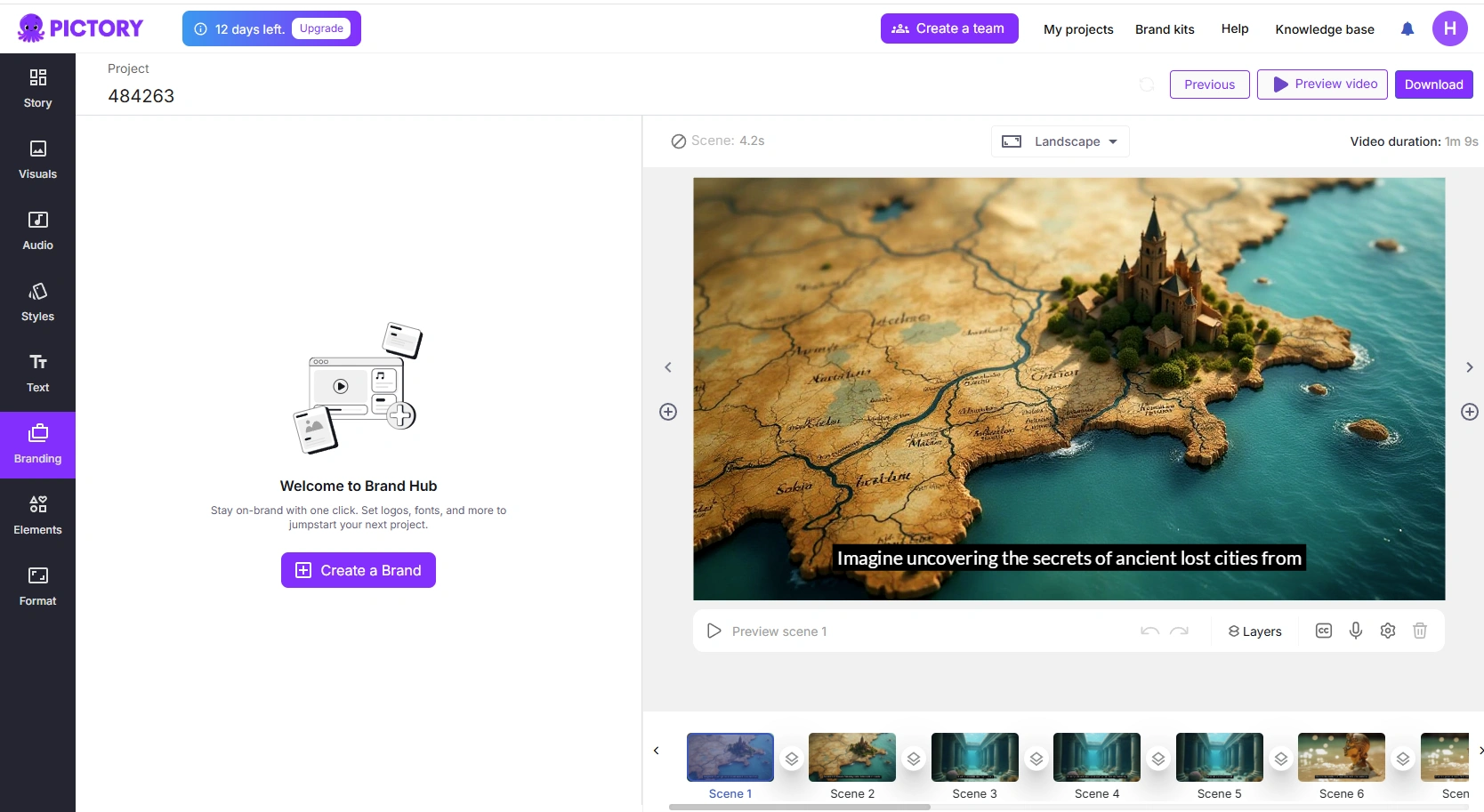 Pictory的品牌创建界面。